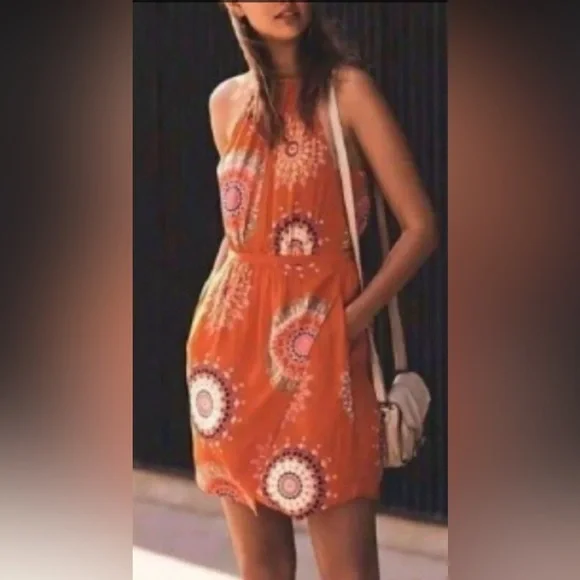 Anthropologie Floreat Livia Floral Halter Dress SZ 8 Orange - Picture 4 of 10